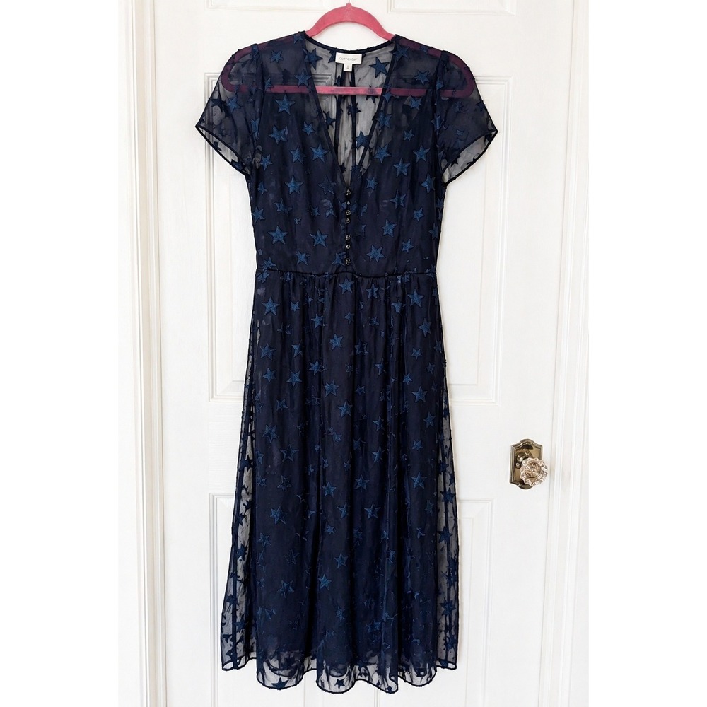 Current Air Star Print Midi Dress S Navy Blue Sheer Mesh Celestial Whimsical